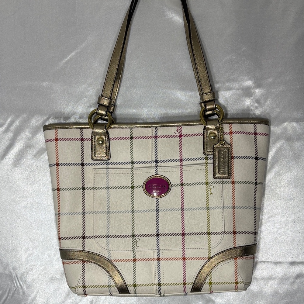 NWT Coach Signiture Plaid Tote with Gold and Pink Accents